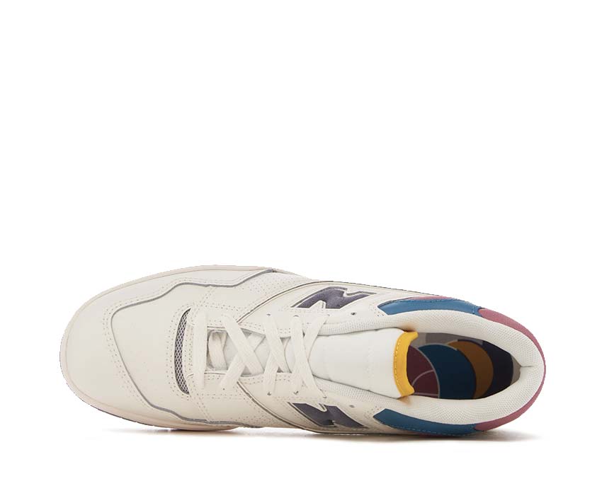 New Balance 550 White Multi détail — logo NB brodé talon coloré