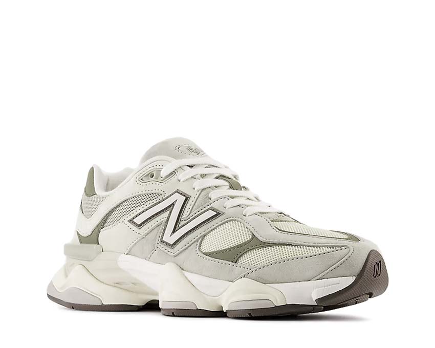 New Balance 9060 Olivine Lichen Green vista lateral — parte superior malla multicapa