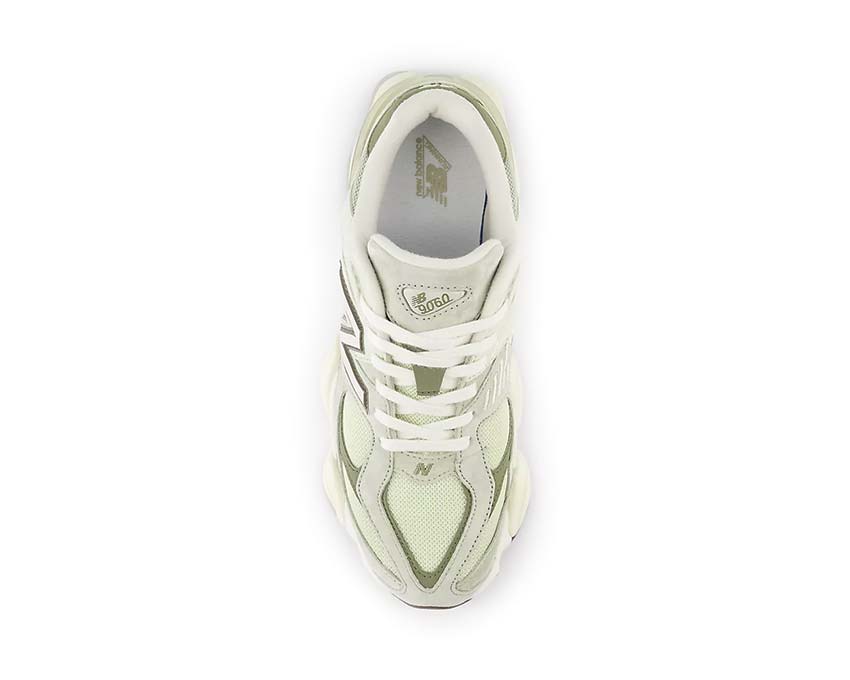 New Balance 9060 Olivine Lichen Green detalle — paneles de malla y ante