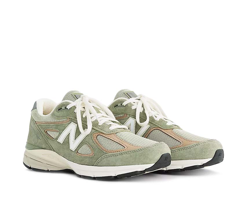 New Balance 990v4 Olive Incense Made in USA vista lateral — parte superior ante malla oliva caqui
