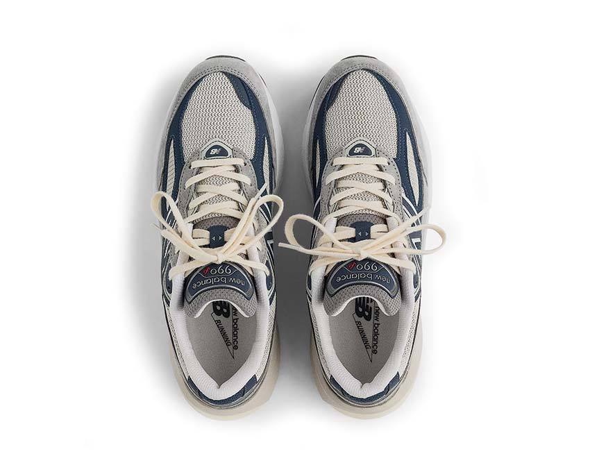 New Balance 990v6 Made in USA Marblehead/Indigo detalle — mesh y ante bicolor