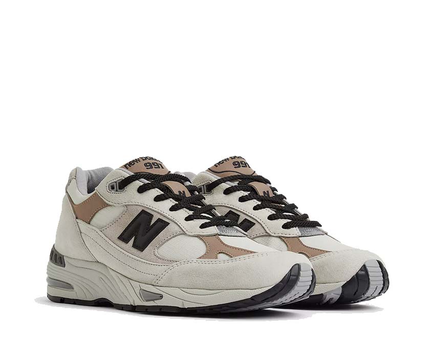 side view — New Balance 991 V1 pelican island fossil suede mesh upper