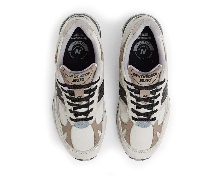 detail — New Balance 991 V1 suede panels pelican island fossil