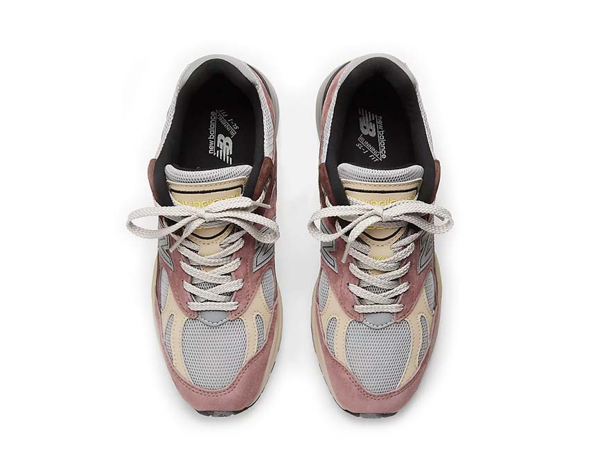 New Balance 991v2 UK Rosewood detail — suede N logo warm rosewood tones