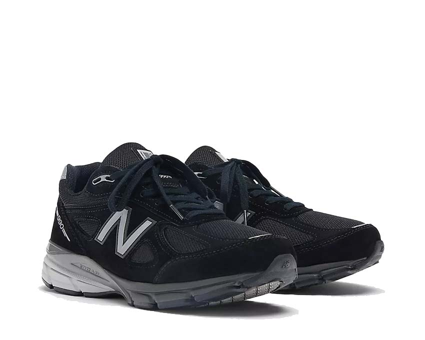 New Balance 990v4 Made in USA Black side view — mesh and suede upper