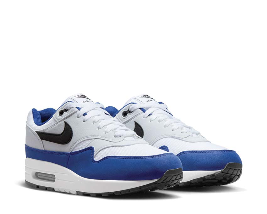 Nike Air Max 1 White Black side view — mesh and leather Deep Royal Blue