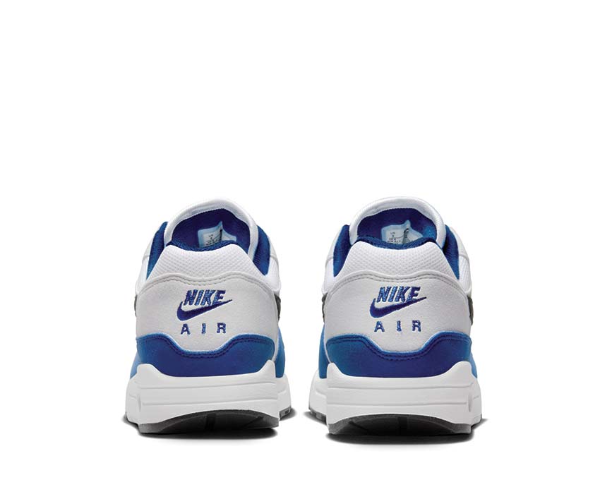 Nike Air Max 1 White Black sole — visible Air Max Deep Royal cushioning