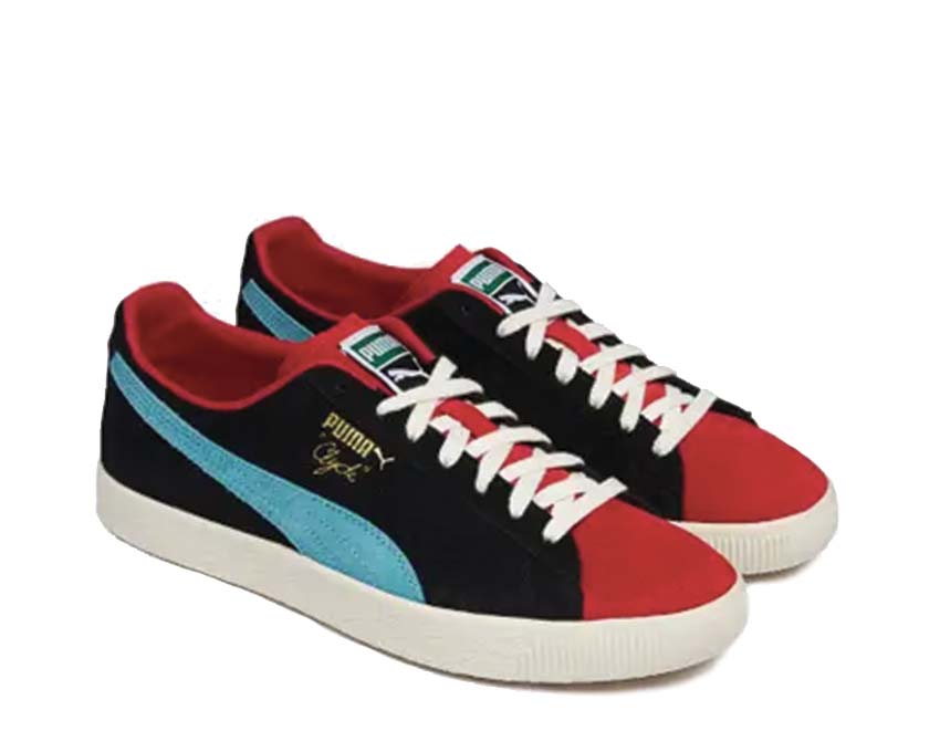 Puma Clyde OG Black Red vista lateral — ante premium bicolor