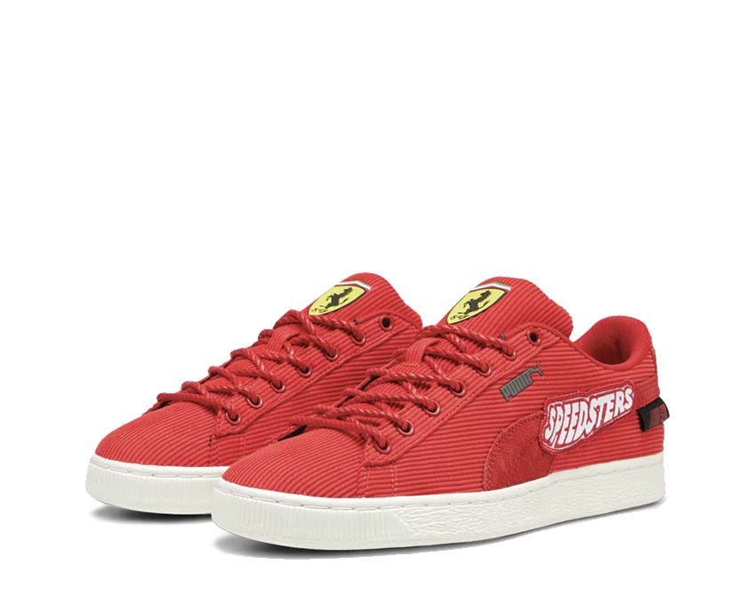 Puma Ferrari Clyde GC Rosso Corsa White vista lateral — cuero Ferrari rojo