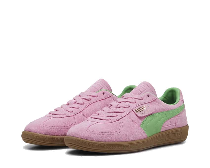 Puma Palermo Special Pink Delight Green Gum vista lateral — cuero bicolor rosa verde