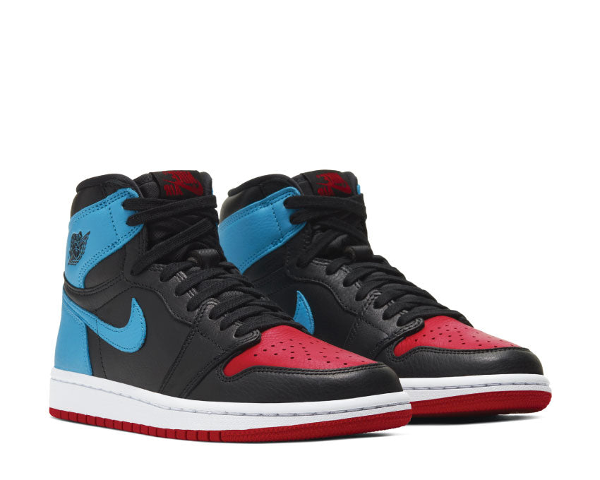 Jordan Air Jordan 1 High OG W UNC To Chicago Black DK Powder Blue Gym Red side view — powder blue red leather