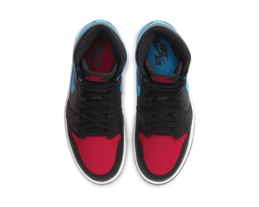 Jordan Air Jordan 1 High OG W UNC To Chicago Black DK Powder Blue Gym Red detail — perforated leather blue and red