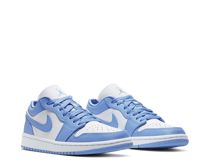 Jordan Air Jordan 1 Low University Blue White vue latérale — cuir bleu clair blanc
