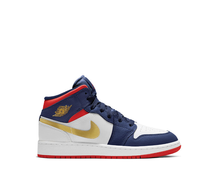 Air Jordan 1 Mid GS Olympic White / University Red - Midnight Navy BQ6931-104