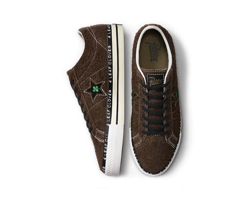 Converse x Patta One Star Pro Java/Burnt Olive detail — four-leaf clover embroidery