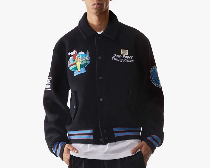 Daily Paper x Filling Pieces Varsity Jacket Black detail — chest logo embroidery