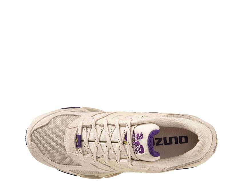 Mizuno Wave Prophecy LS Cream/Purple vista lateral — mesh transpirable running lifestyle