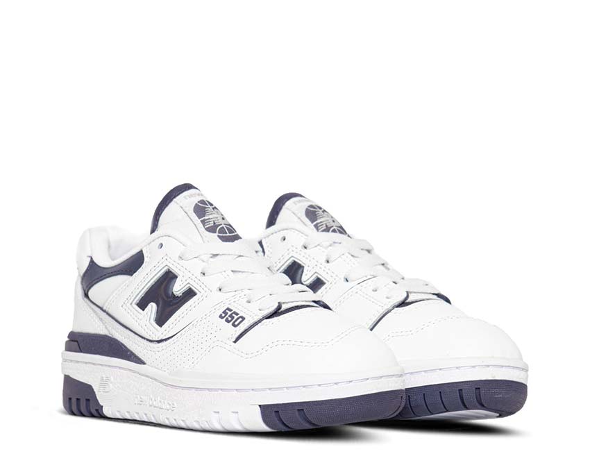 New Balance 550 W White/Navy side view — white leather and navy