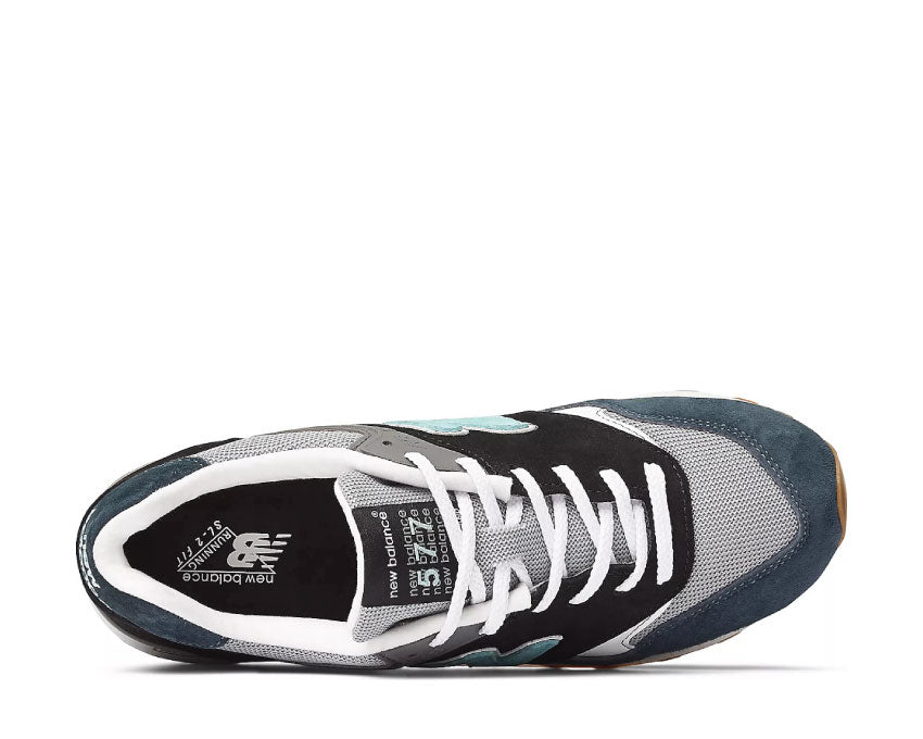 New Balance 577 Negro/Gris/Verde vista lateral — cuero premium made in England