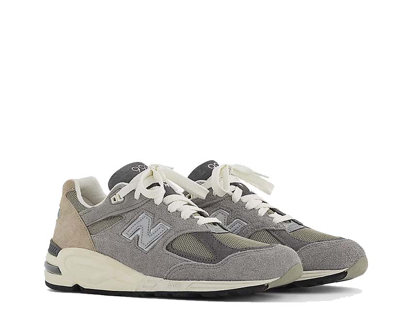 New Balance 990v2 Marblehead/Incense vista lateral — parte superior mesh y ante