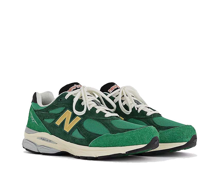 New Balance 990 Made in USA Green side view — mesh and premium suede
