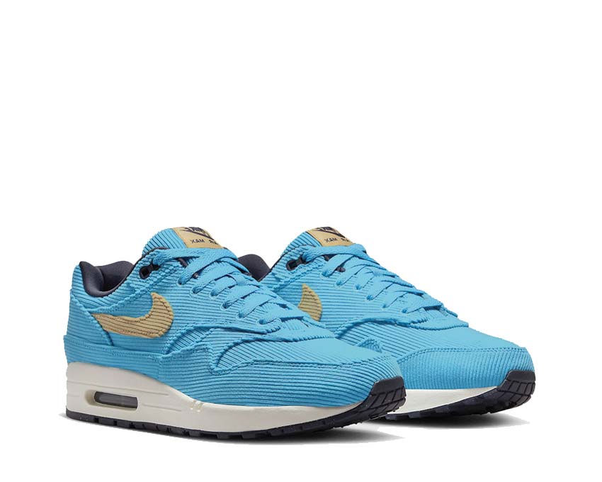 Nike Air Max 1 PRM Baltic Blue Sesame Gridiron vista lateral — cuero y ante