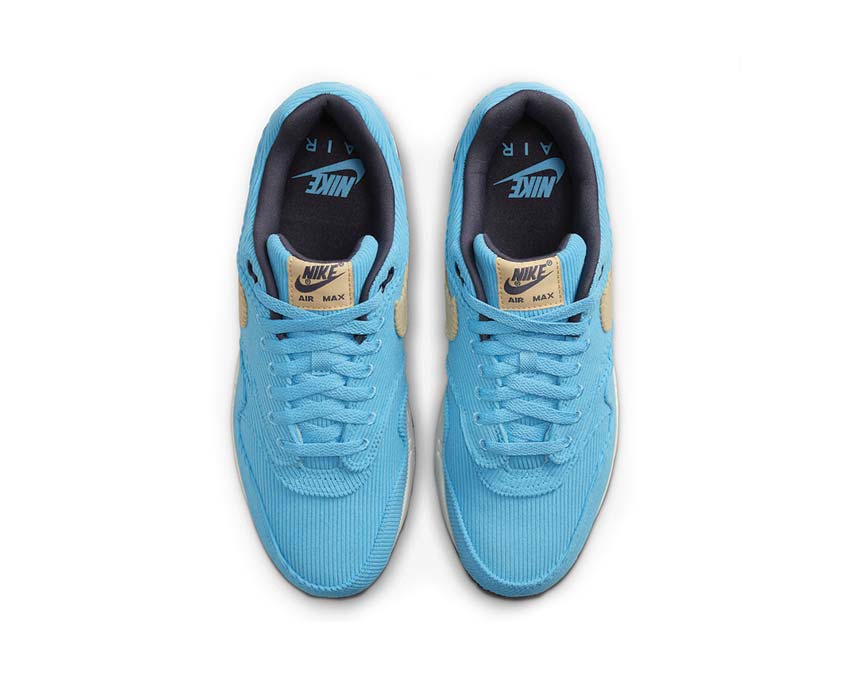 Nike Air Max 1 PRM Baltic Blue Sesame Gridiron detalle — parte superior cuero premium