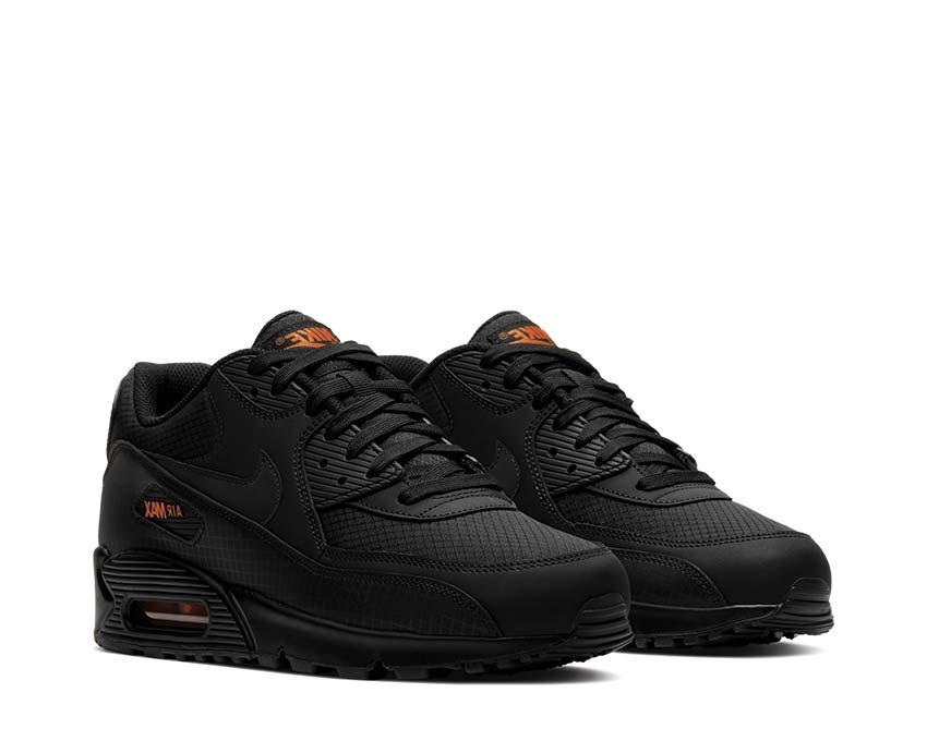 Nike Air Max 90 Black Total Orange side view — mesh and leather