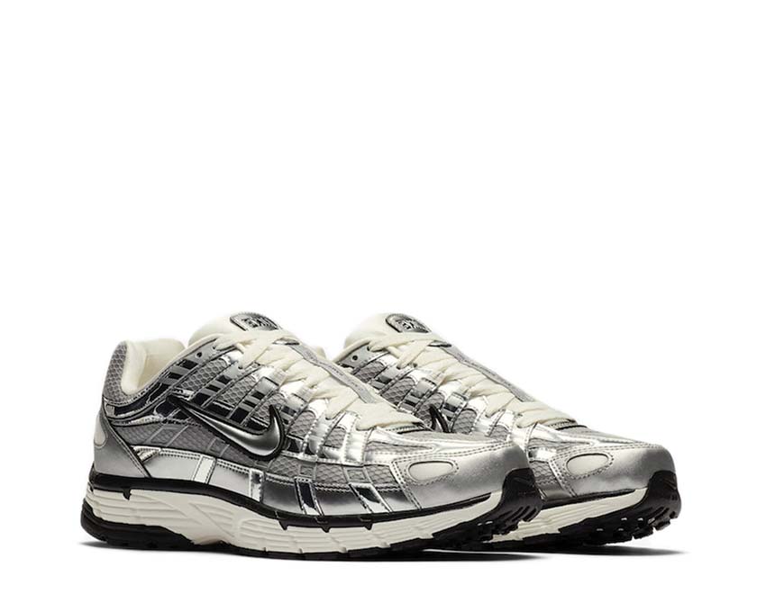 Nike P-6000 Metallic Silver vista lateral — mesh técnico