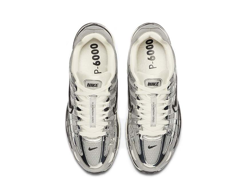 Nike P-6000 Metallic Silver detalle — parte superior de mesh con overlay