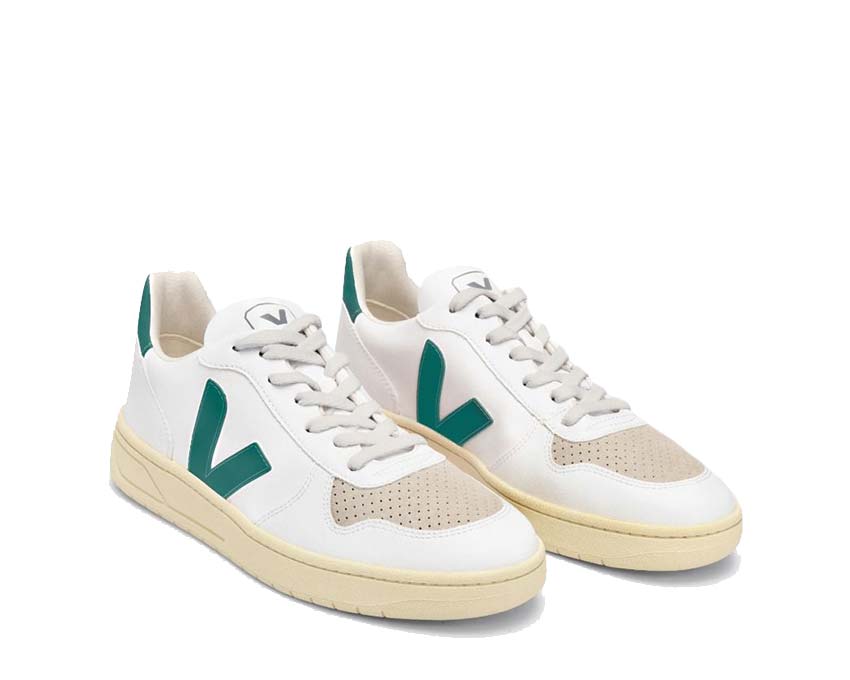 Veja V-10 White/Brittany vista lateral — cuero lavado bicolor